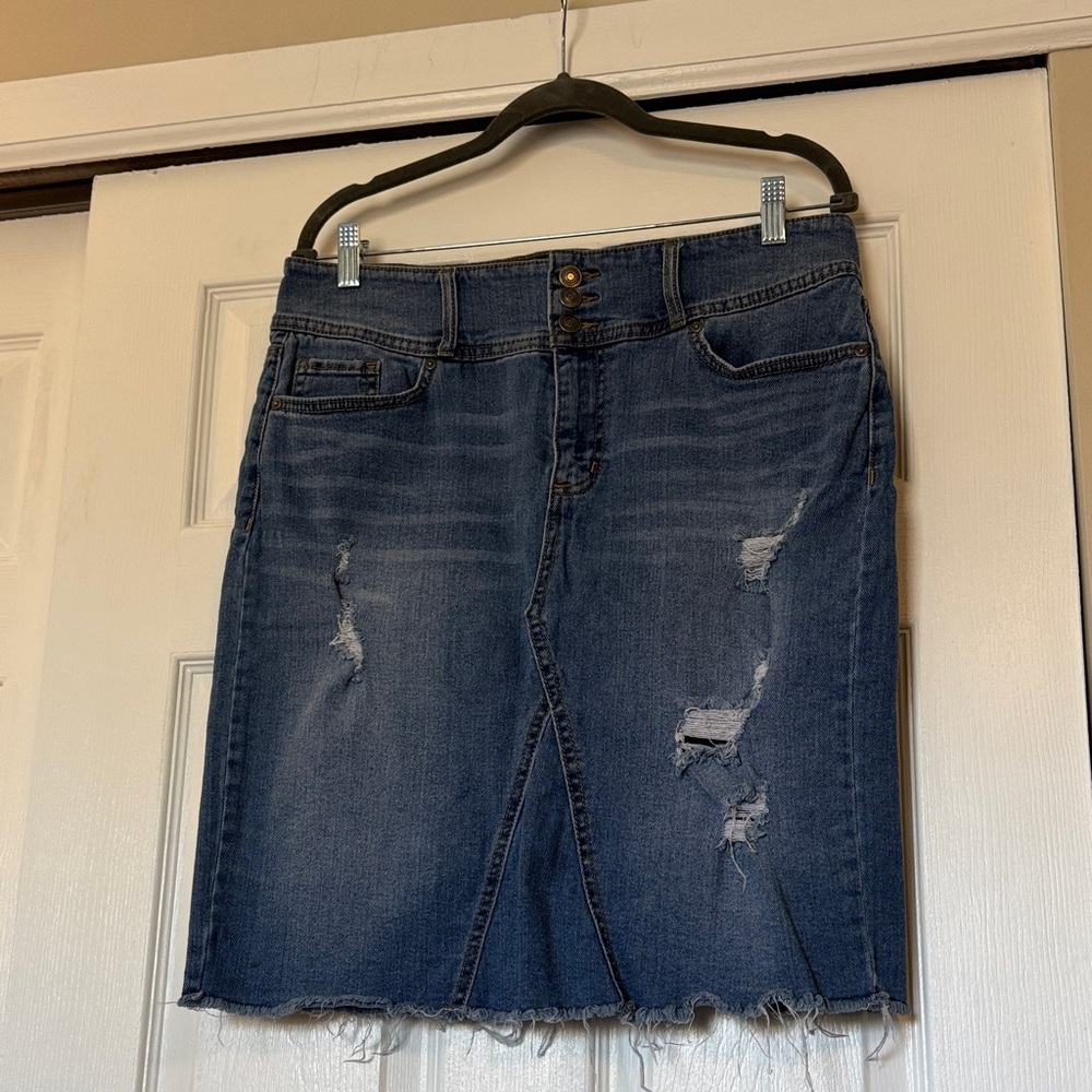 Women's Dark Blue Distressed Denim  Skirt